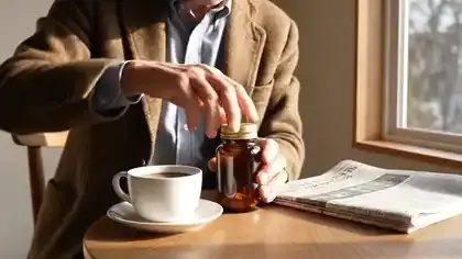 A man in his sixties at a sunny table taking two small soft chews from an amber bottle and reading its back