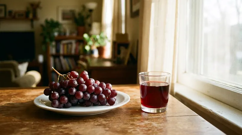 A bunch of dark red grapes on a white plate beside a small glass of grape juice on a wooden table