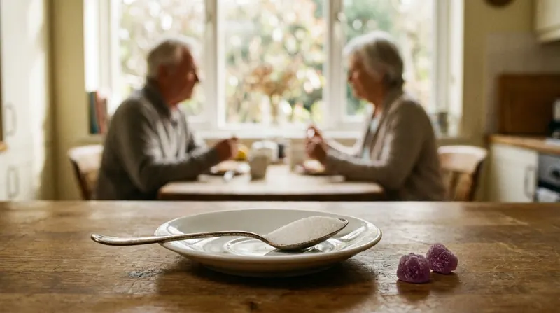 A level teaspoon of white sugar on a white saucer beside two small purple soft chews