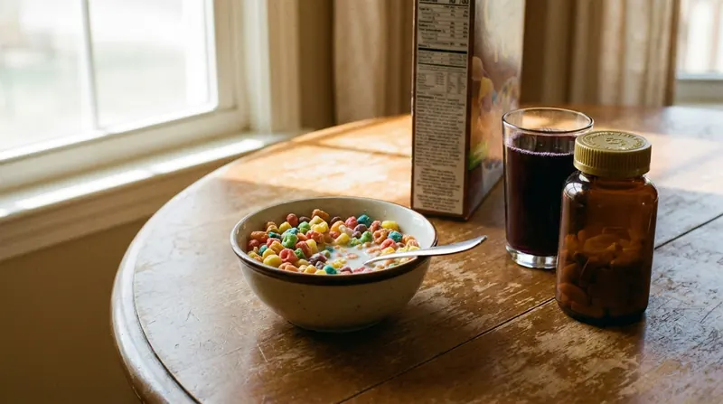 A bowl of cereal beside its box, a glass of grape juice and an amber bottle on a small table by a window