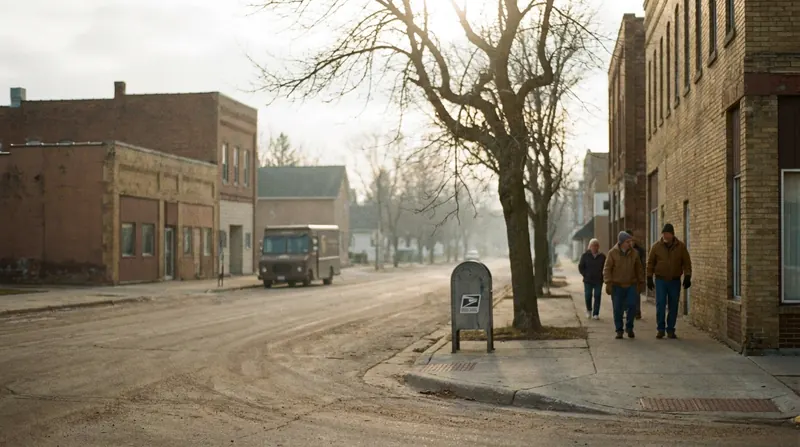 A quiet small-city street of low brick buildings with a delivery van far down the road and a mailbox on the corner