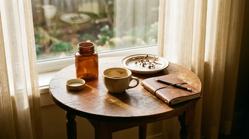 A small table by a window with an amber bottle, an empty cup, a plate with grape stems and a closed notebook with a pencil