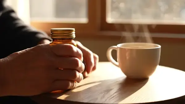 A man's hands tipping two small purple soft chews from an amber bottle beside a cup of coffee