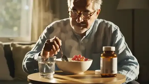 A man in his sixties eating oatmeal with grapes at a sunny table beside an amber bottle and writing a figure on a napkin