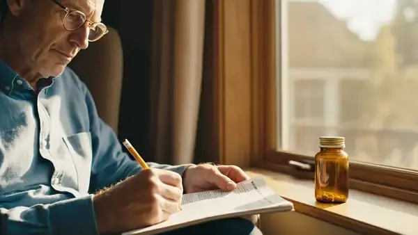 A man in his sixties reading a printed page by a sunny window and making a note, an amber bottle on the sill