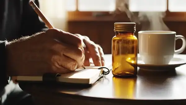 A man's hands writing a line in a small notebook beside a cup of coffee and an amber bottle by a sunny window